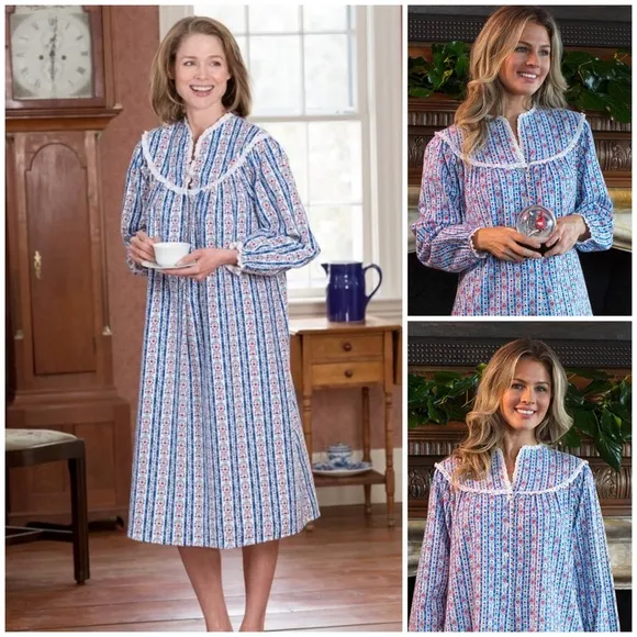 💙 Lanz of Salzburg, Classic Blue Tyrolean Stripe Flannel Nightgown