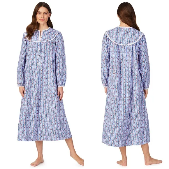 💙 Lanz of Salzburg, Classic Blue Tyrolean Stripe Flannel Nightgown