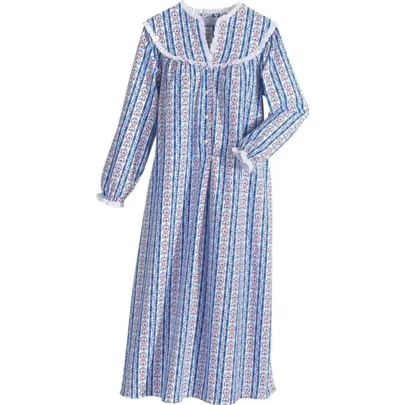 💙 Lanz of Salzburg, Classic Blue Tyrolean Stripe Flannel Nightgown