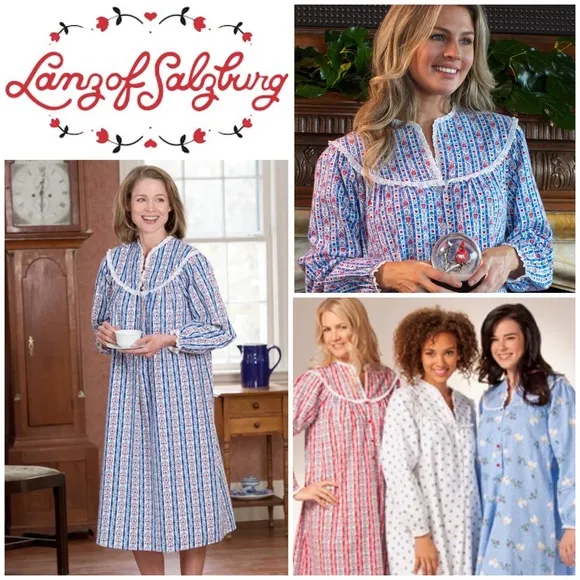 💙 Lanz of Salzburg, Classic Blue Tyrolean Stripe Flannel Nightgown