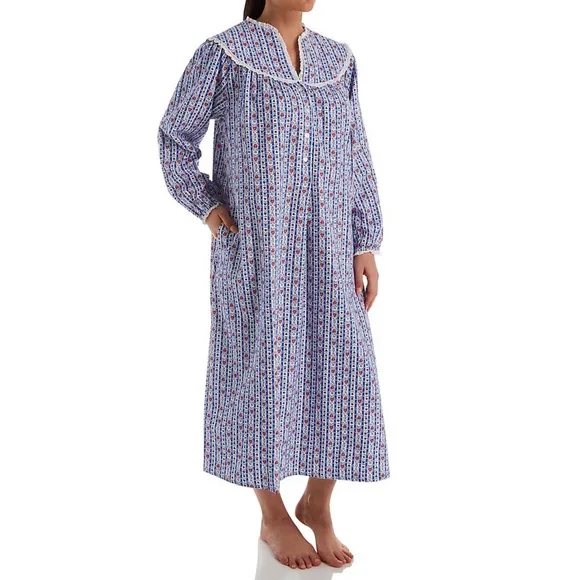💙 Lanz of Salzburg, Classic Blue Tyrolean Stripe Flannel Nightgown