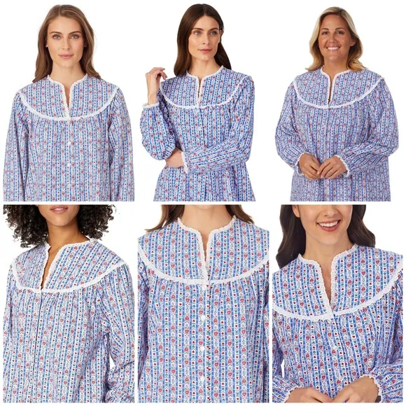 💙 Lanz of Salzburg, Classic Blue Tyrolean Stripe Flannel Nightgown