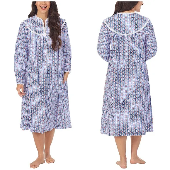 💙 Lanz of Salzburg, Classic Blue Tyrolean Stripe Flannel Nightgown