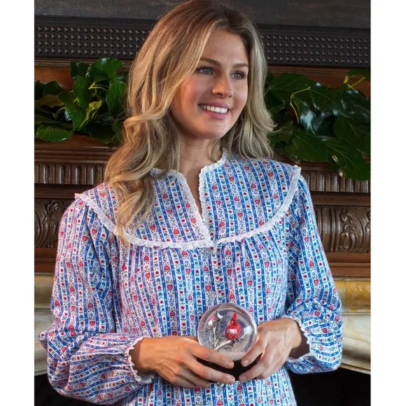 💙 Lanz of Salzburg, Classic Blue Tyrolean Stripe Flannel Nightgown