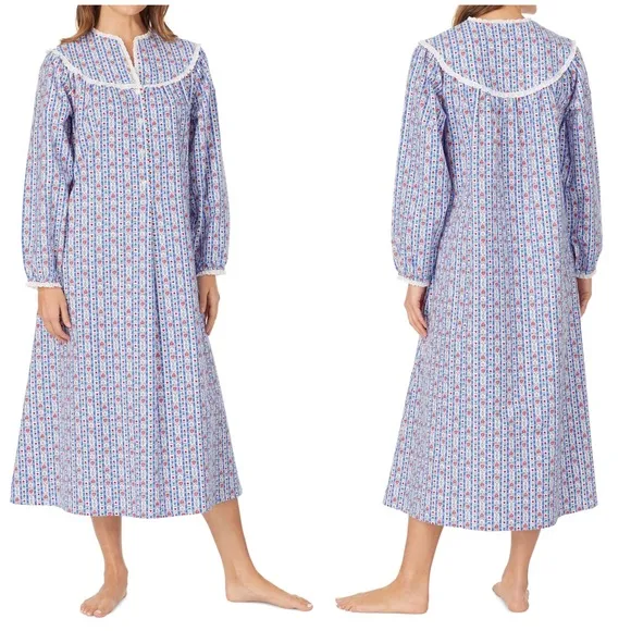 💙 Lanz of Salzburg, Classic Blue Tyrolean Stripe Flannel Nightgown
