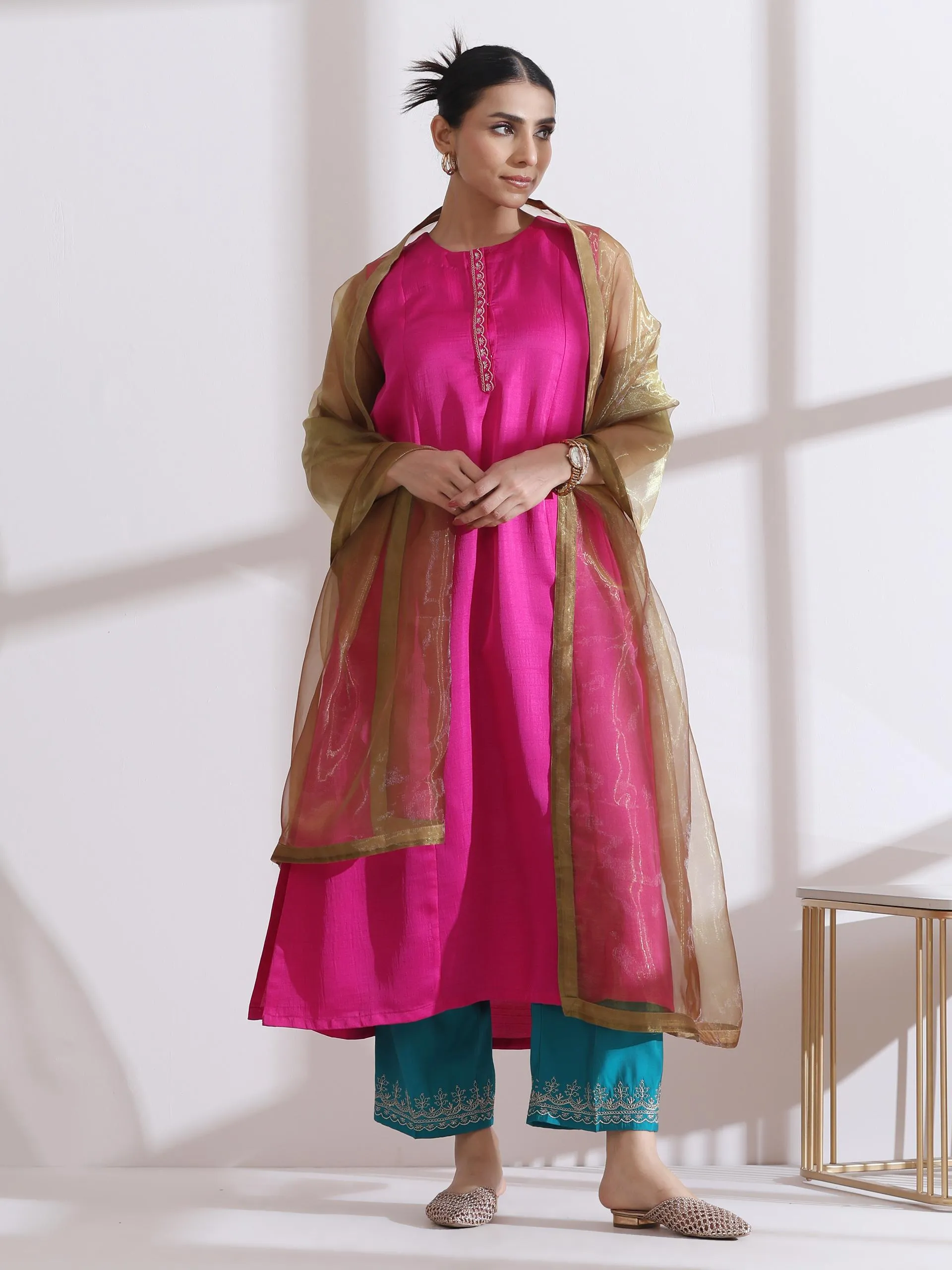 1 Pc Dupatta - Golden Dual Shade Glass Tissue Dupatta