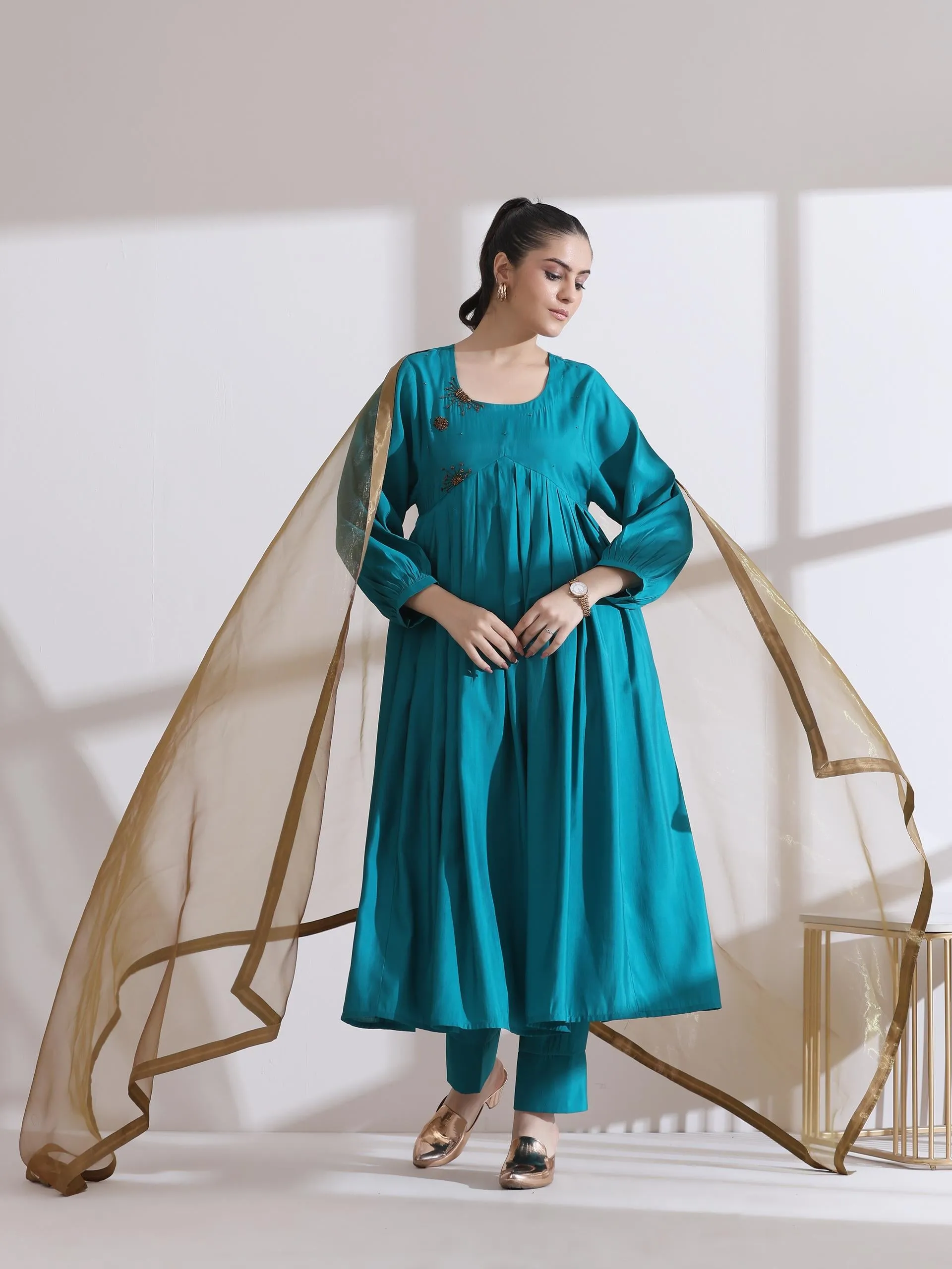1 Pc Dupatta - Golden Dual Shade Glass Tissue Dupatta
