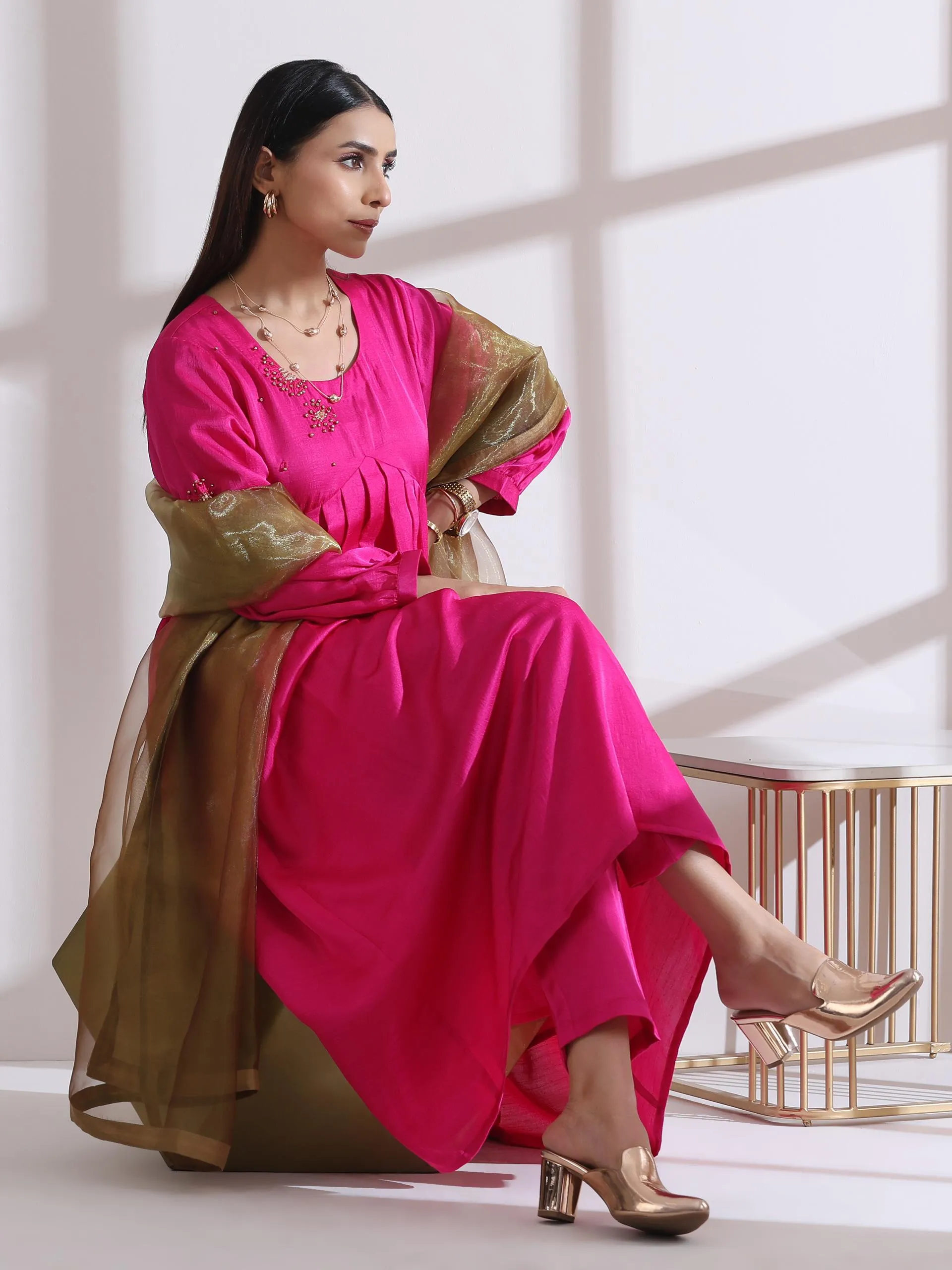 1 Pc Dupatta - Golden Dual Shade Glass Tissue Dupatta