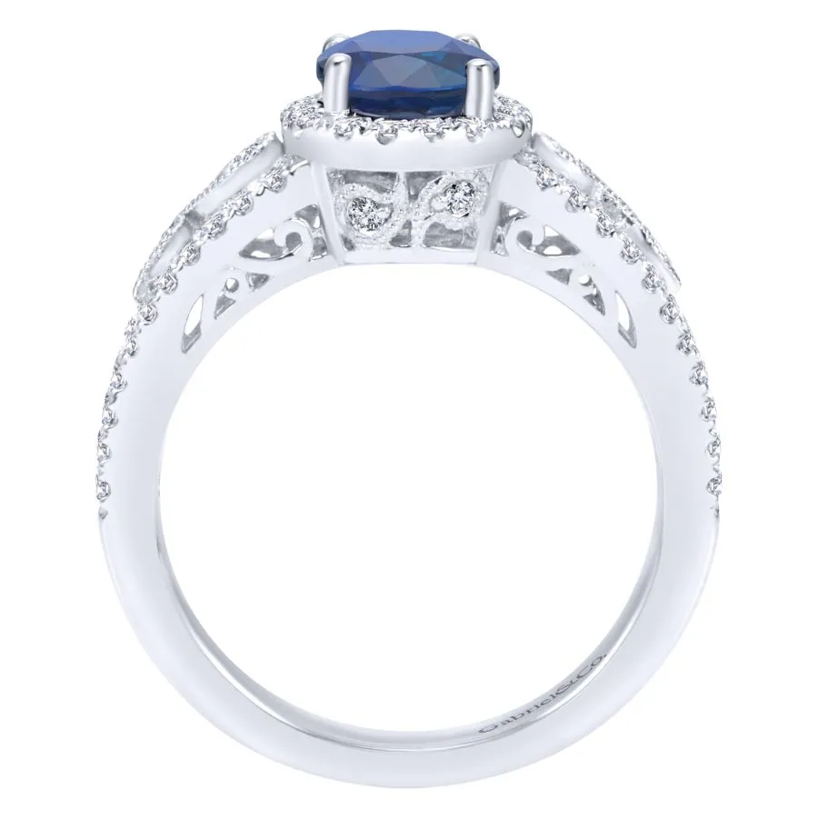14K White Gold Vintage Inspired Oval Sapphire and Diamond Halo Ring