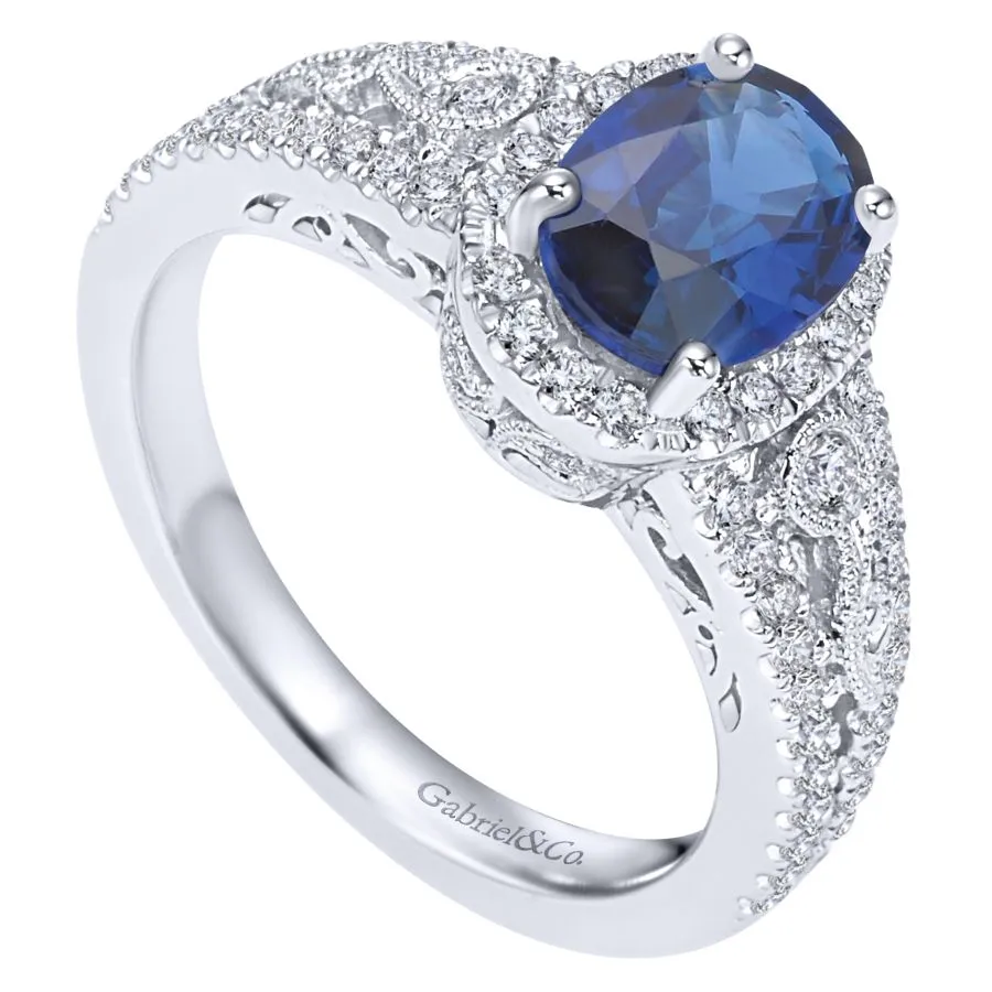 14K White Gold Vintage Inspired Oval Sapphire and Diamond Halo Ring