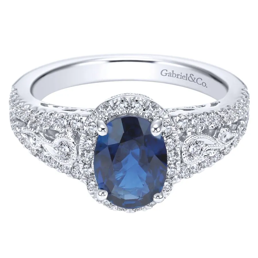 14K White Gold Vintage Inspired Oval Sapphire and Diamond Halo Ring
