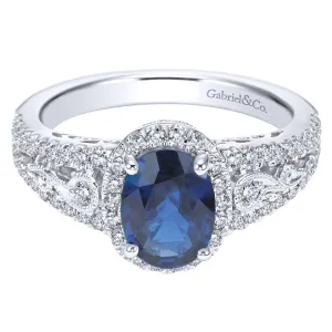 14K White Gold Vintage Inspired Oval Sapphire and Diamond Halo Ring