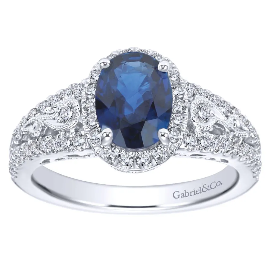 14K White Gold Vintage Inspired Oval Sapphire and Diamond Halo Ring