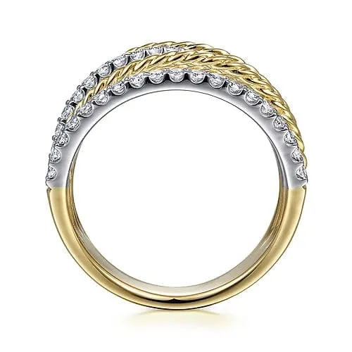 14K White-Yellow Gold Twisted Rope and Diamond Multi Row Ring