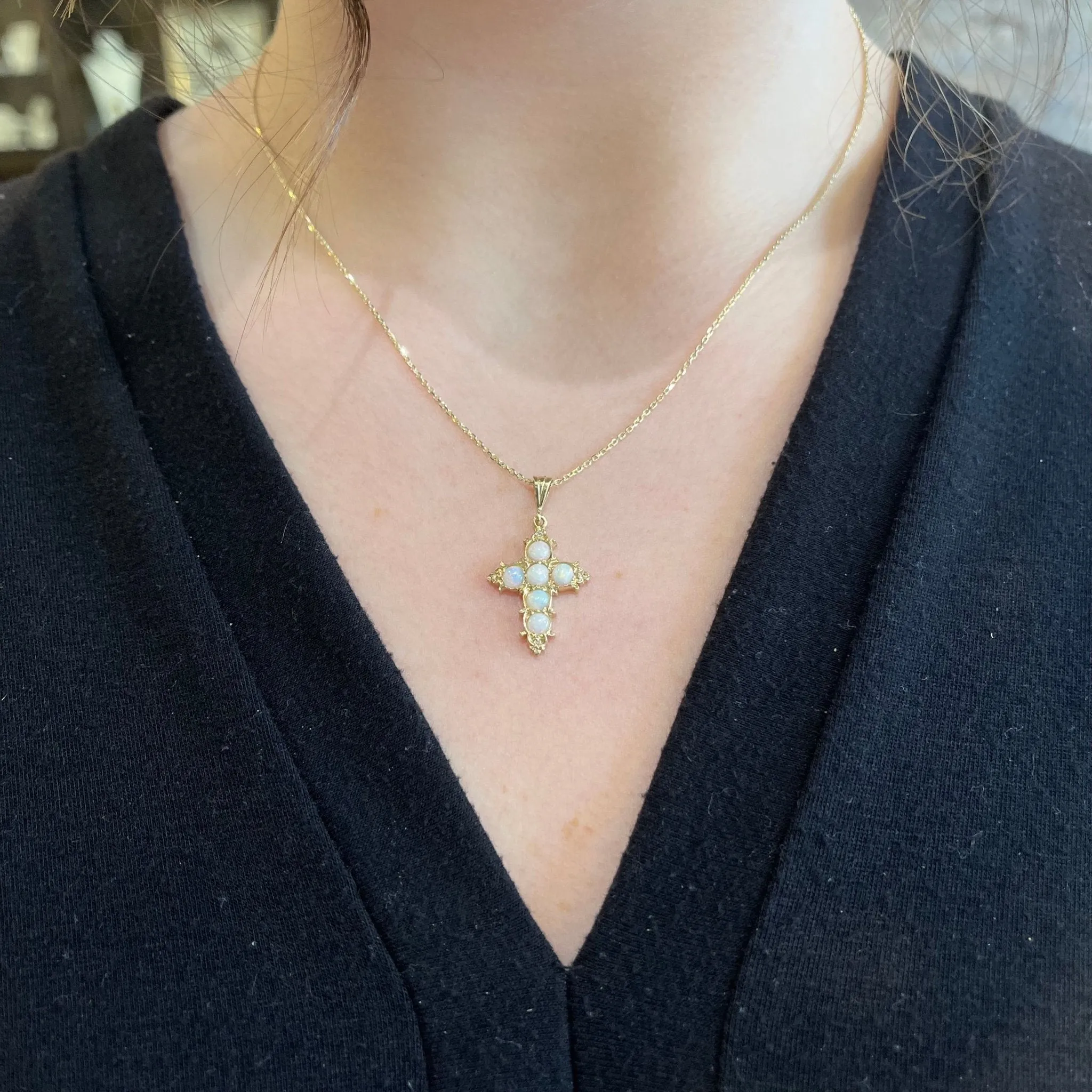 14K Yellow Gold Opal and Diamond Cross Pendant