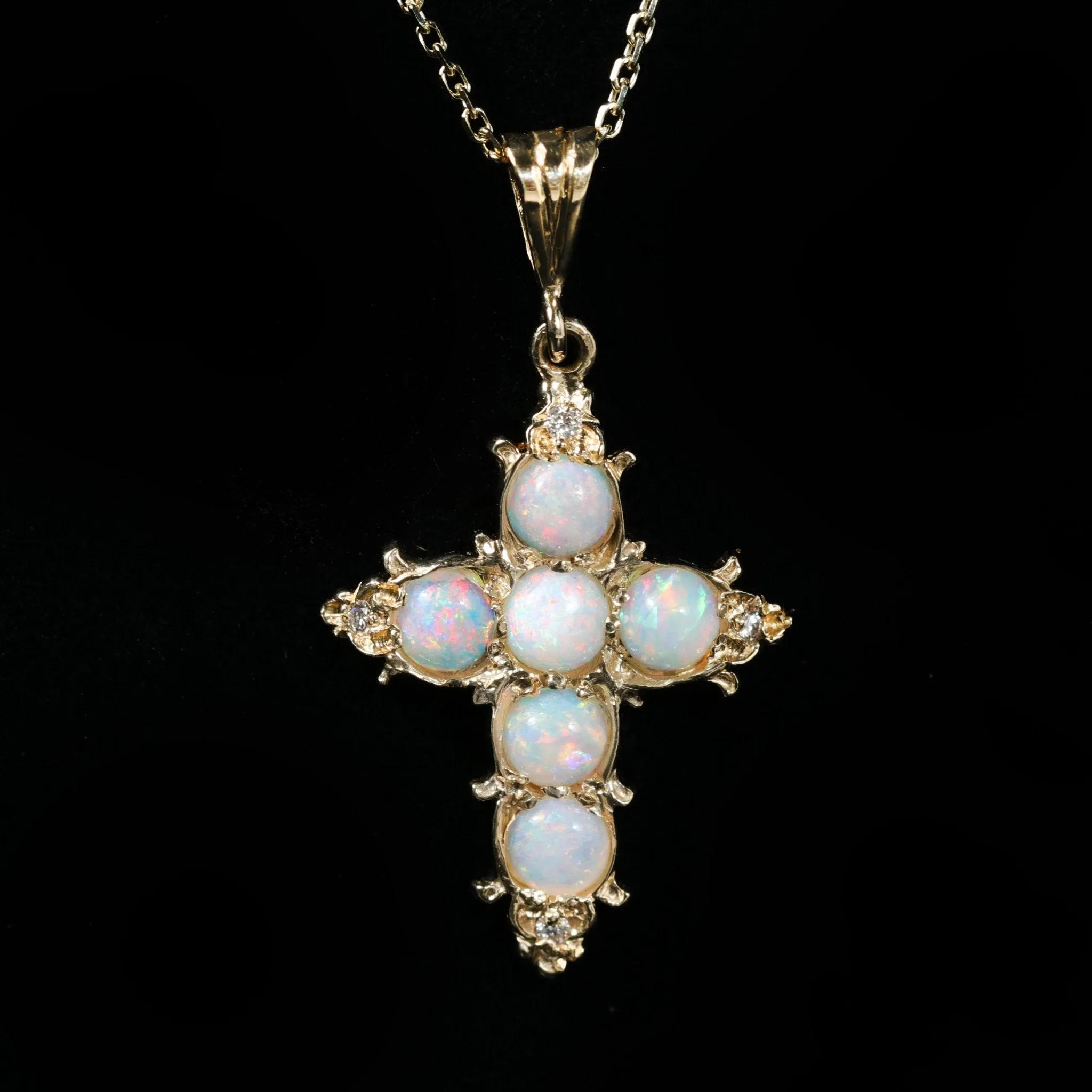 14K Yellow Gold Opal and Diamond Cross Pendant