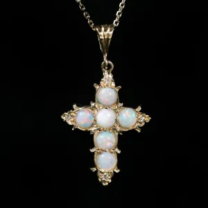 14K Yellow Gold Opal and Diamond Cross Pendant