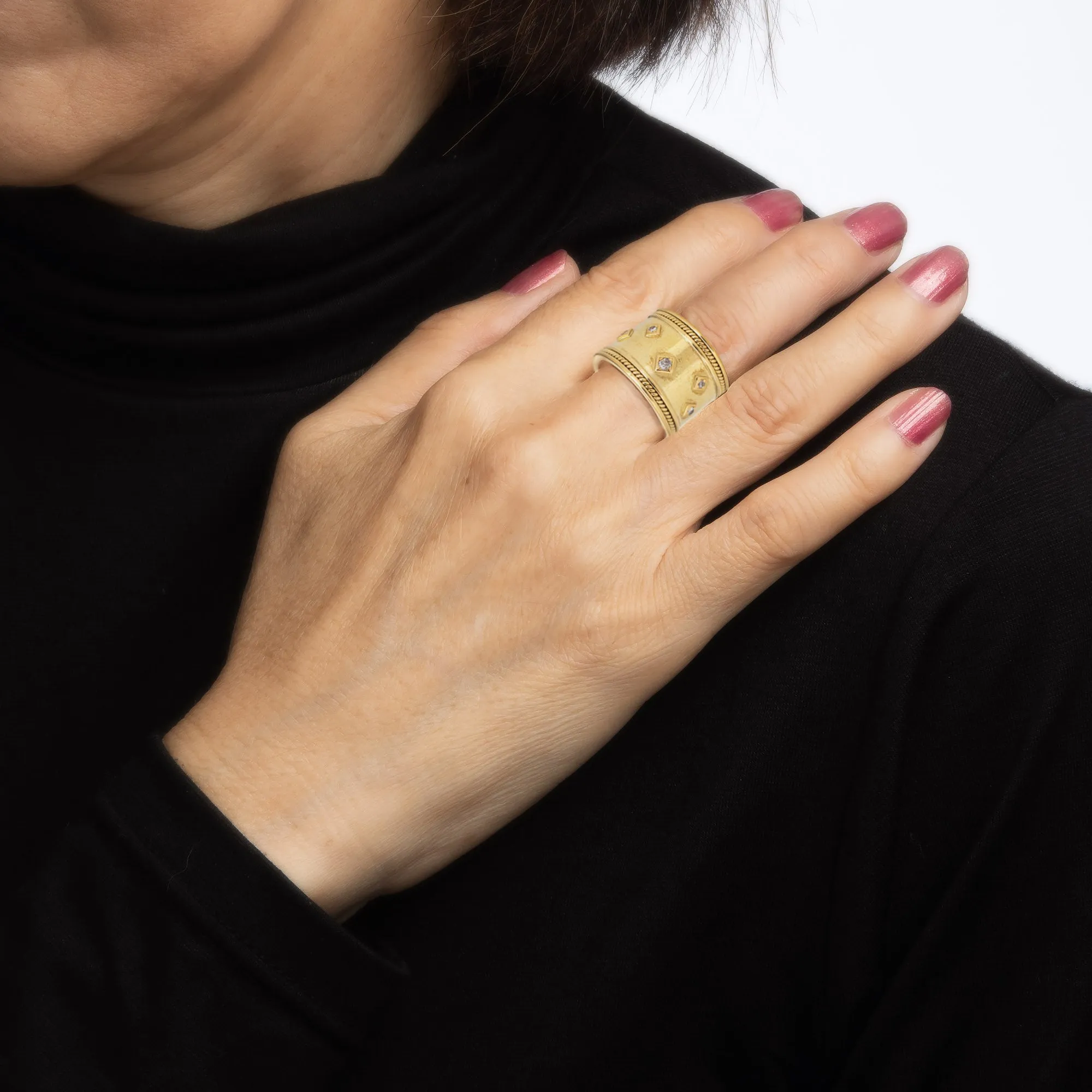 16mm Wide Band Cigar Ring 18k Yellow Gold Sz 5.75 Diamond Vintage Fine Jewelry