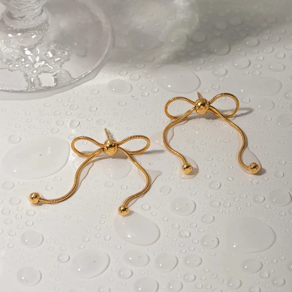 18k Dainty Feminine Chain Bow Earrings