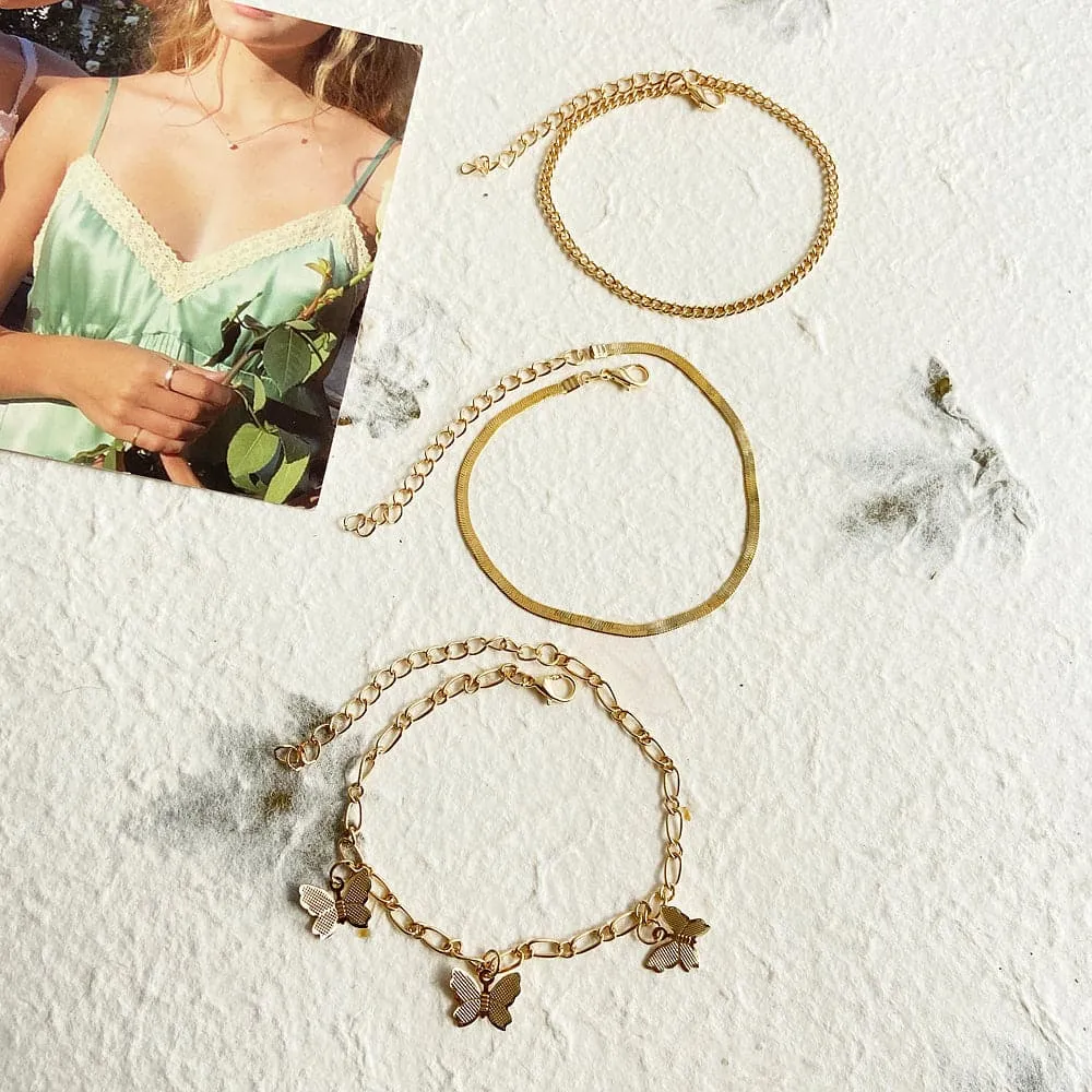 18K Gold-Plated Butterfly Charm Bracelet Set