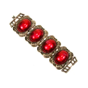 1960's Red and Gold Filigree Wide and Chunky Gothic Revival Bracelet