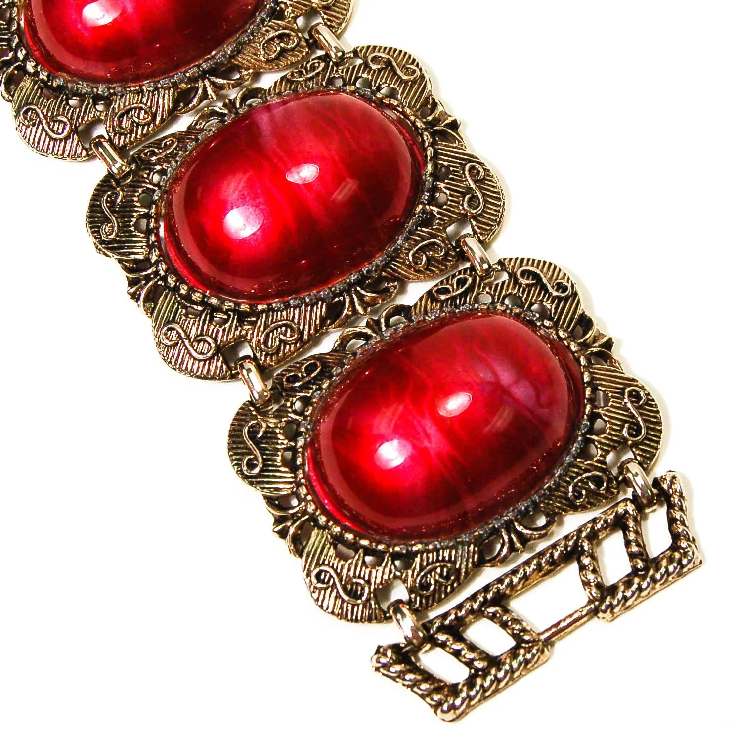 1960's Red and Gold Filigree Wide and Chunky Gothic Revival Bracelet