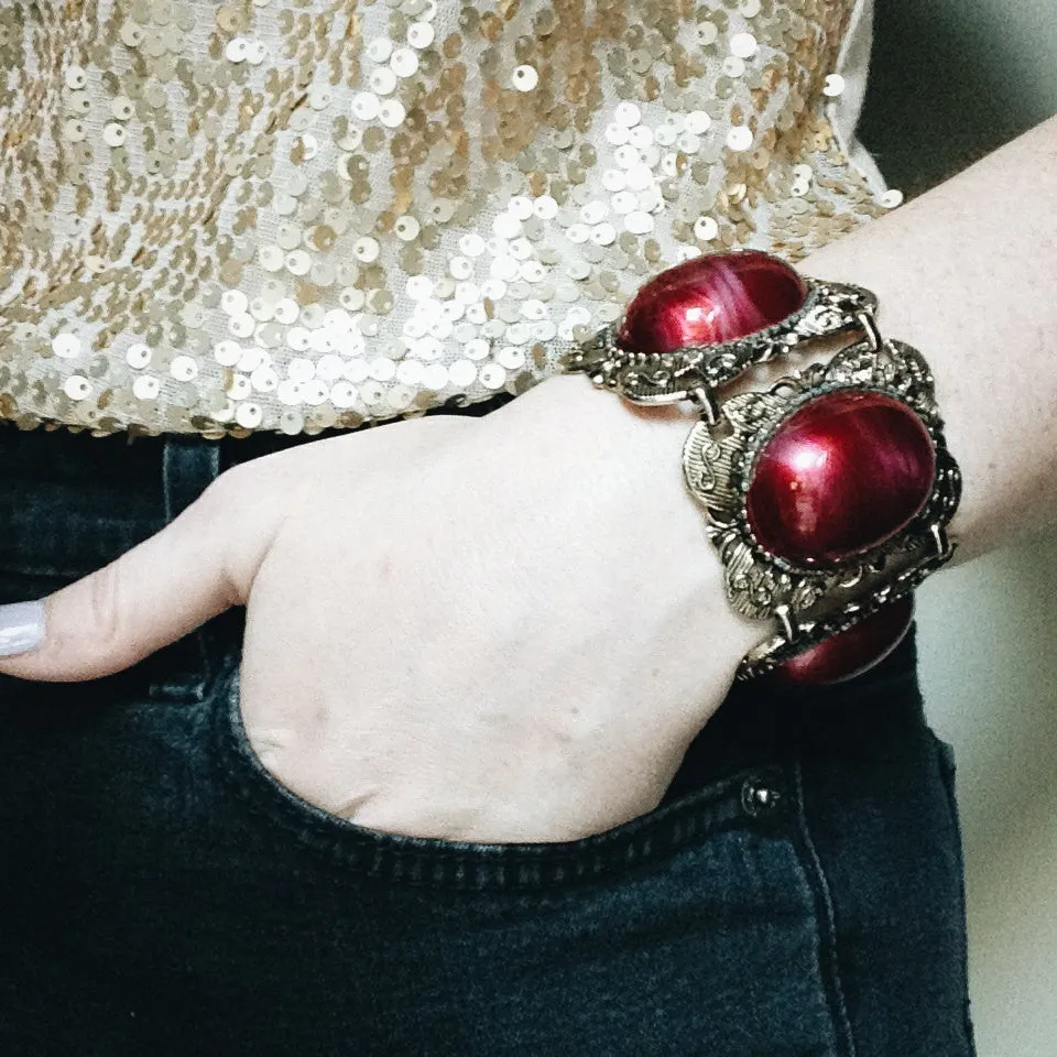 1960's Red and Gold Filigree Wide and Chunky Gothic Revival Bracelet