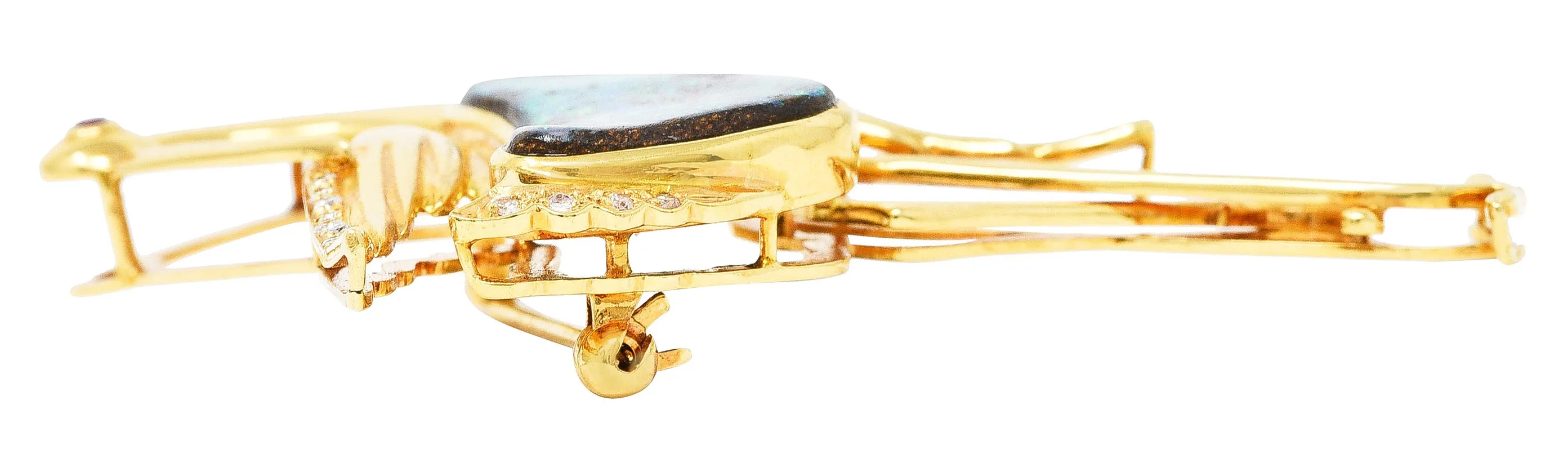 1980's Vintage Boulder Opal Ruby Diamond 18 Karat Yellow Gold Heron Bird Brooch
