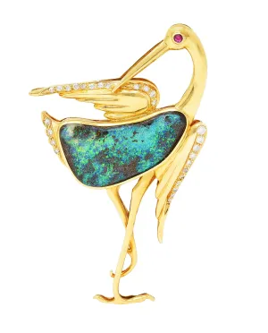 1980's Vintage Boulder Opal Ruby Diamond 18 Karat Yellow Gold Heron Bird Brooch