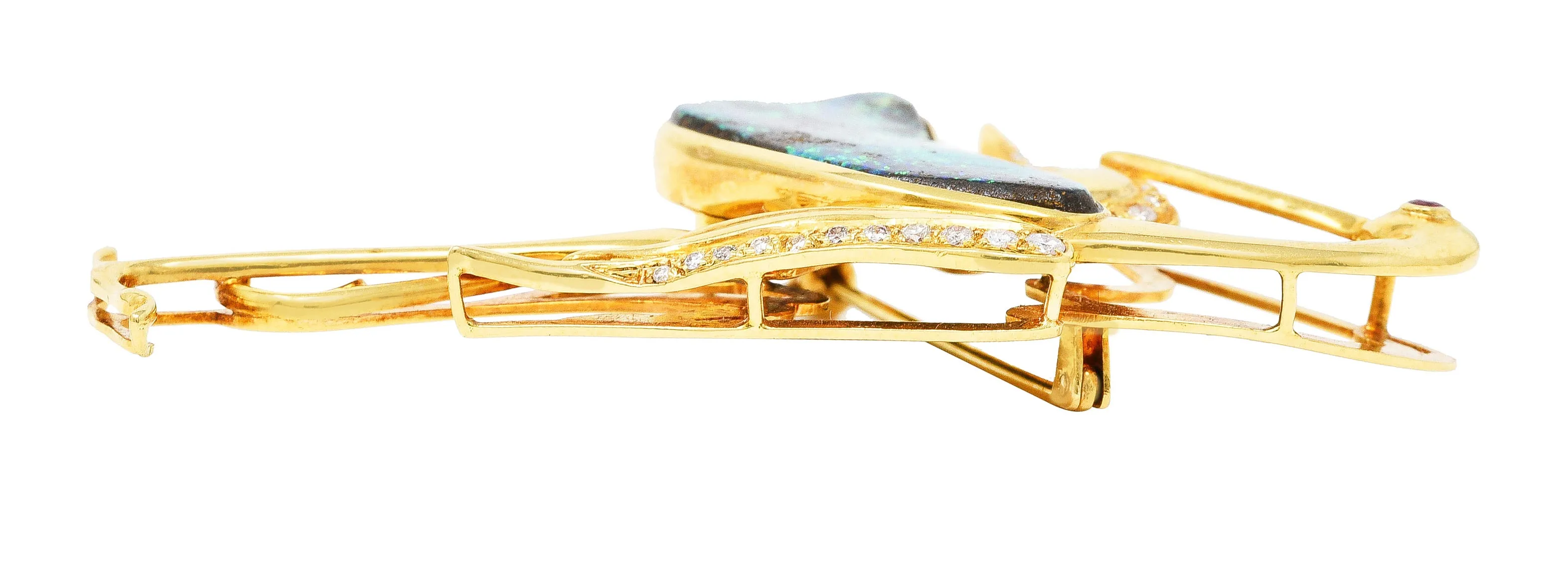 1980's Vintage Boulder Opal Ruby Diamond 18 Karat Yellow Gold Heron Bird Brooch