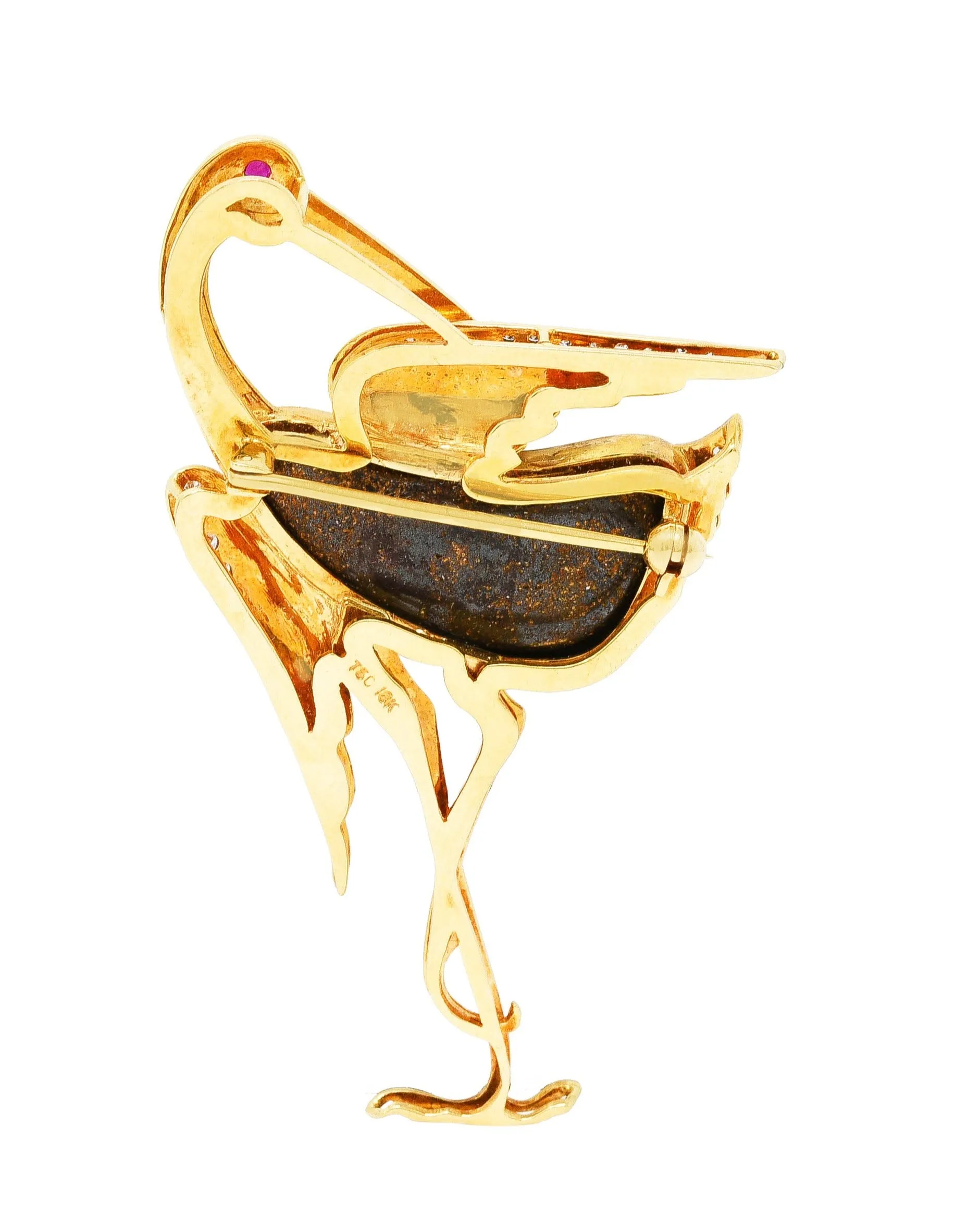 1980's Vintage Boulder Opal Ruby Diamond 18 Karat Yellow Gold Heron Bird Brooch
