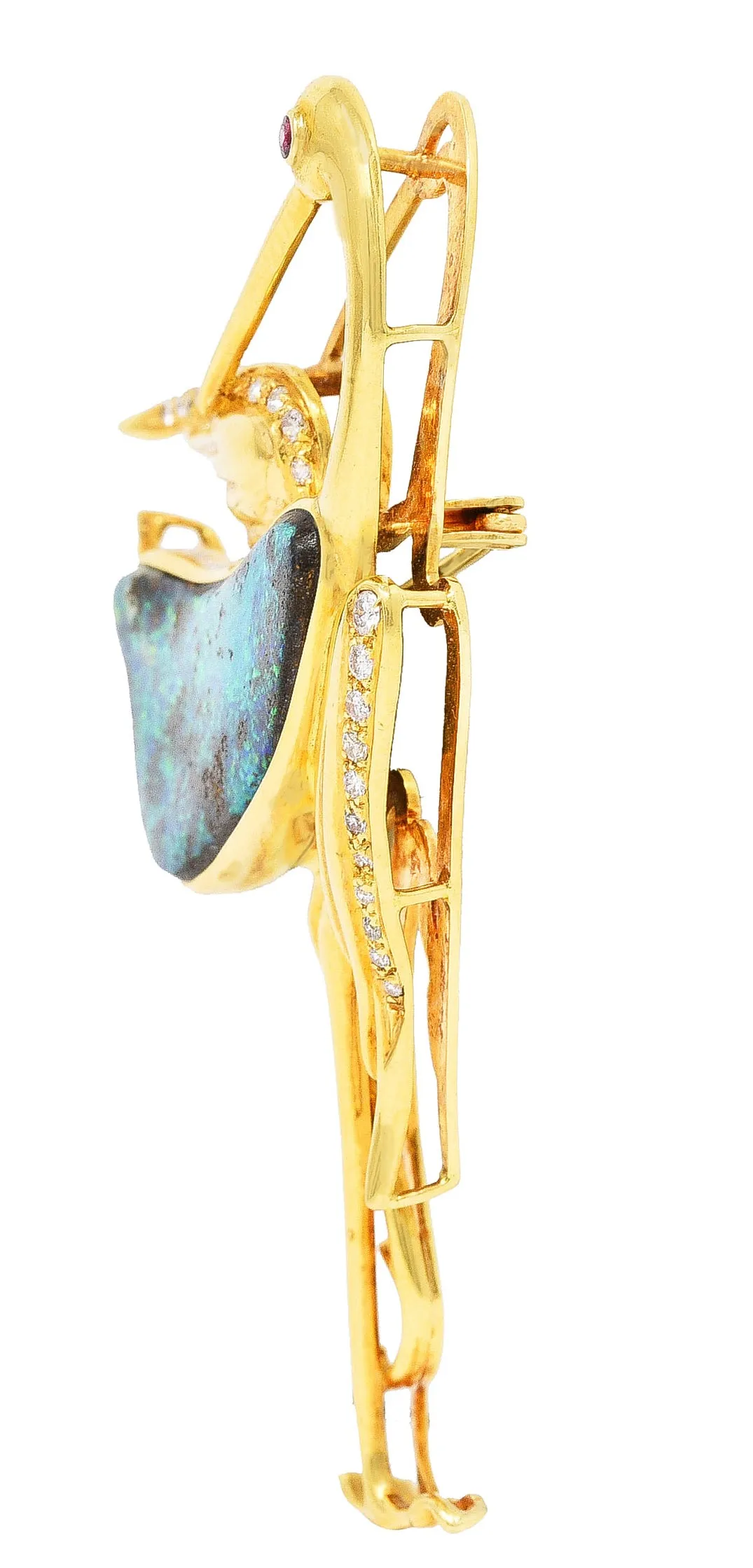 1980's Vintage Boulder Opal Ruby Diamond 18 Karat Yellow Gold Heron Bird Brooch