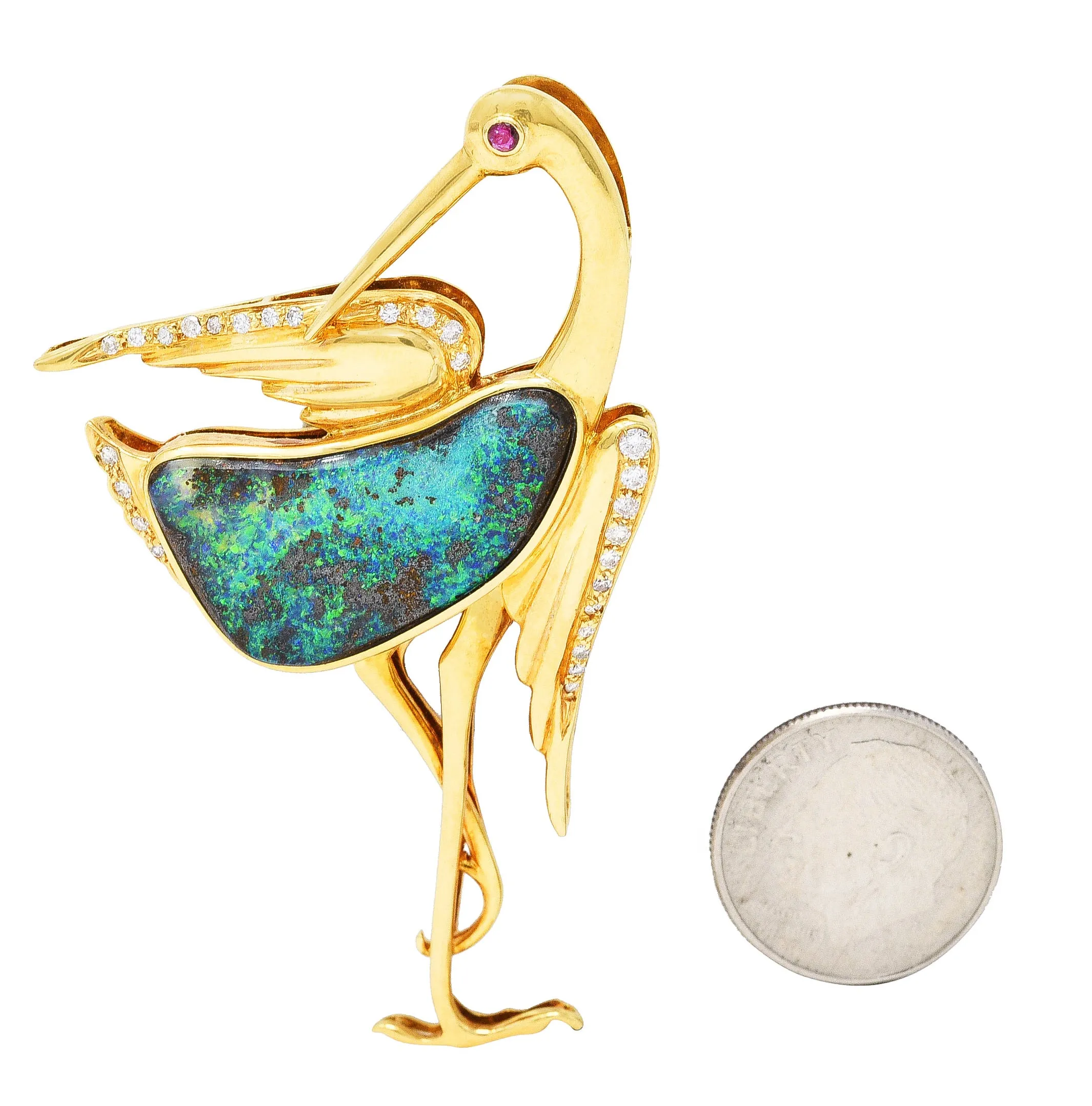 1980's Vintage Boulder Opal Ruby Diamond 18 Karat Yellow Gold Heron Bird Brooch