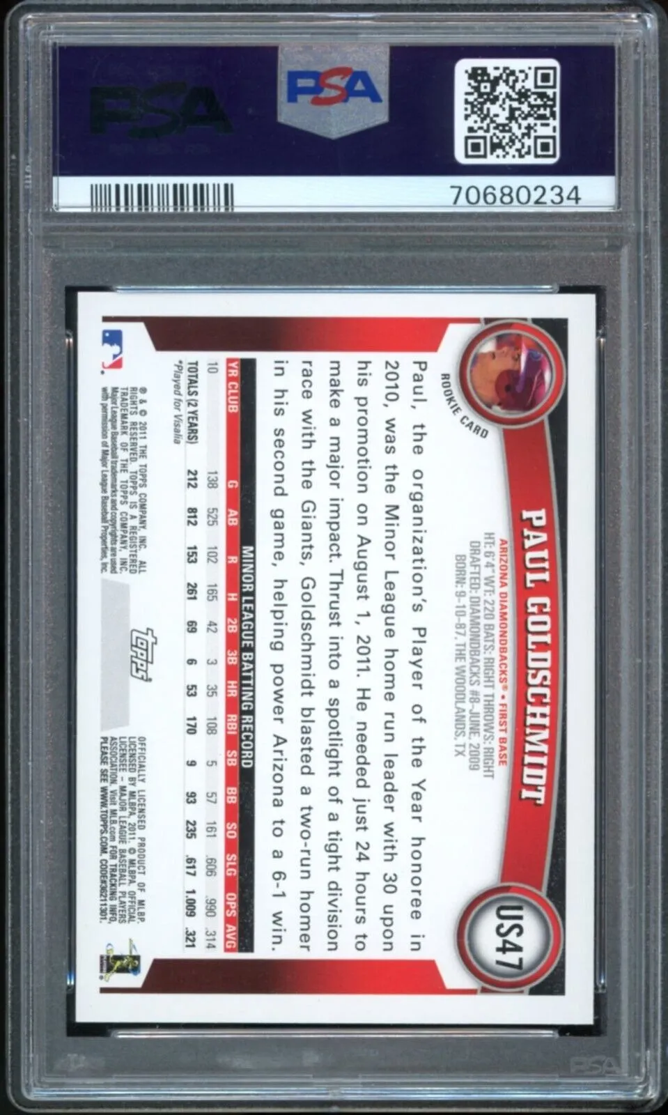 2011 Topps Update #US47 Paul Goldschmidt RC Rookie Diamondbacks PSA 10 GEM MINT