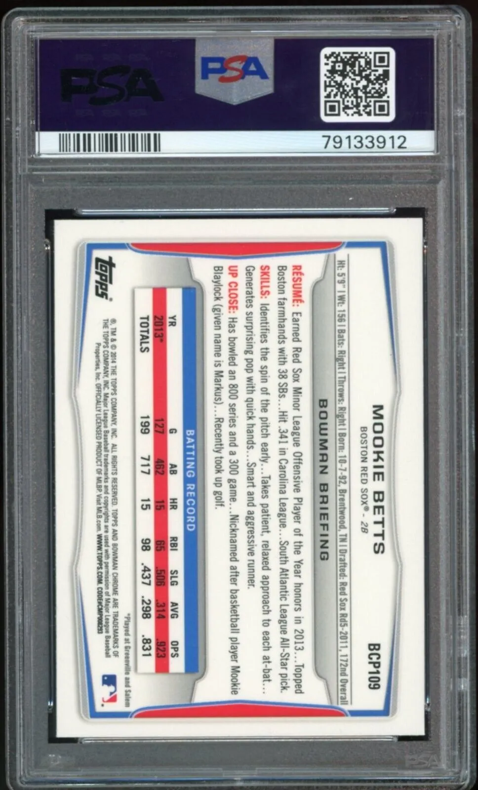 2014 Bowman Prospects Chrome Mookie Betts RC On Card PSA 10/10 Auto GEM MINT