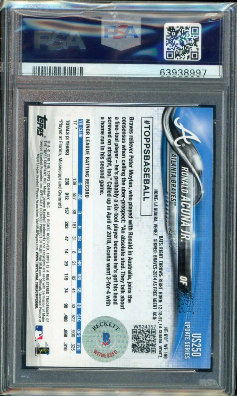 2018 Topps Update US250 Ronald Acuna Jr. Full Name RC Rookie PSA/DNA 10 Auto BAS