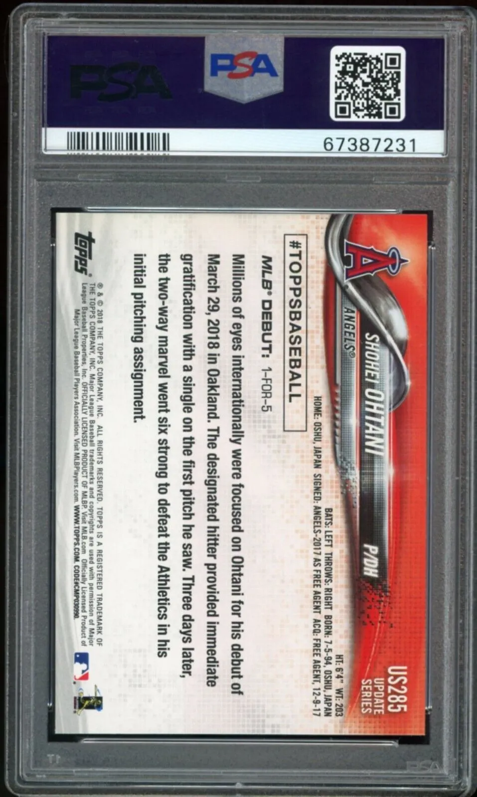 2018 Topps Update #US285 Shohei Ohtani RC Rookie Angels PSA 10 GEM MINT