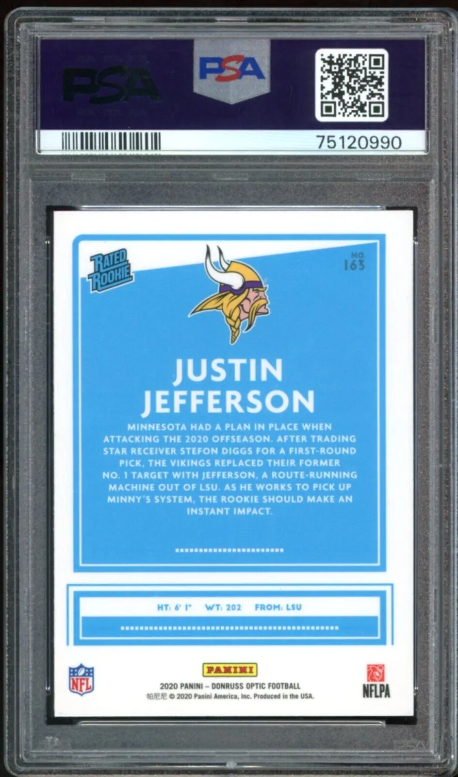 2020 Donruss Optic Rated Rookie Justin Jefferson On Card PSA 10/10 Auto GEM MINT