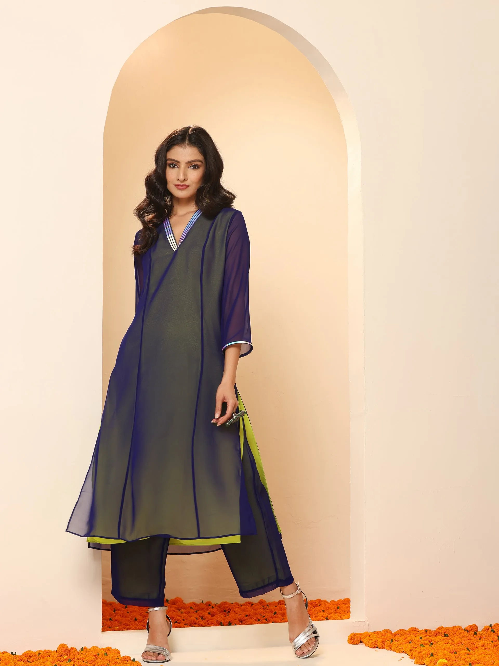2pcs. Set | Purple & Green Surprise Georgette Kurta with Pants
