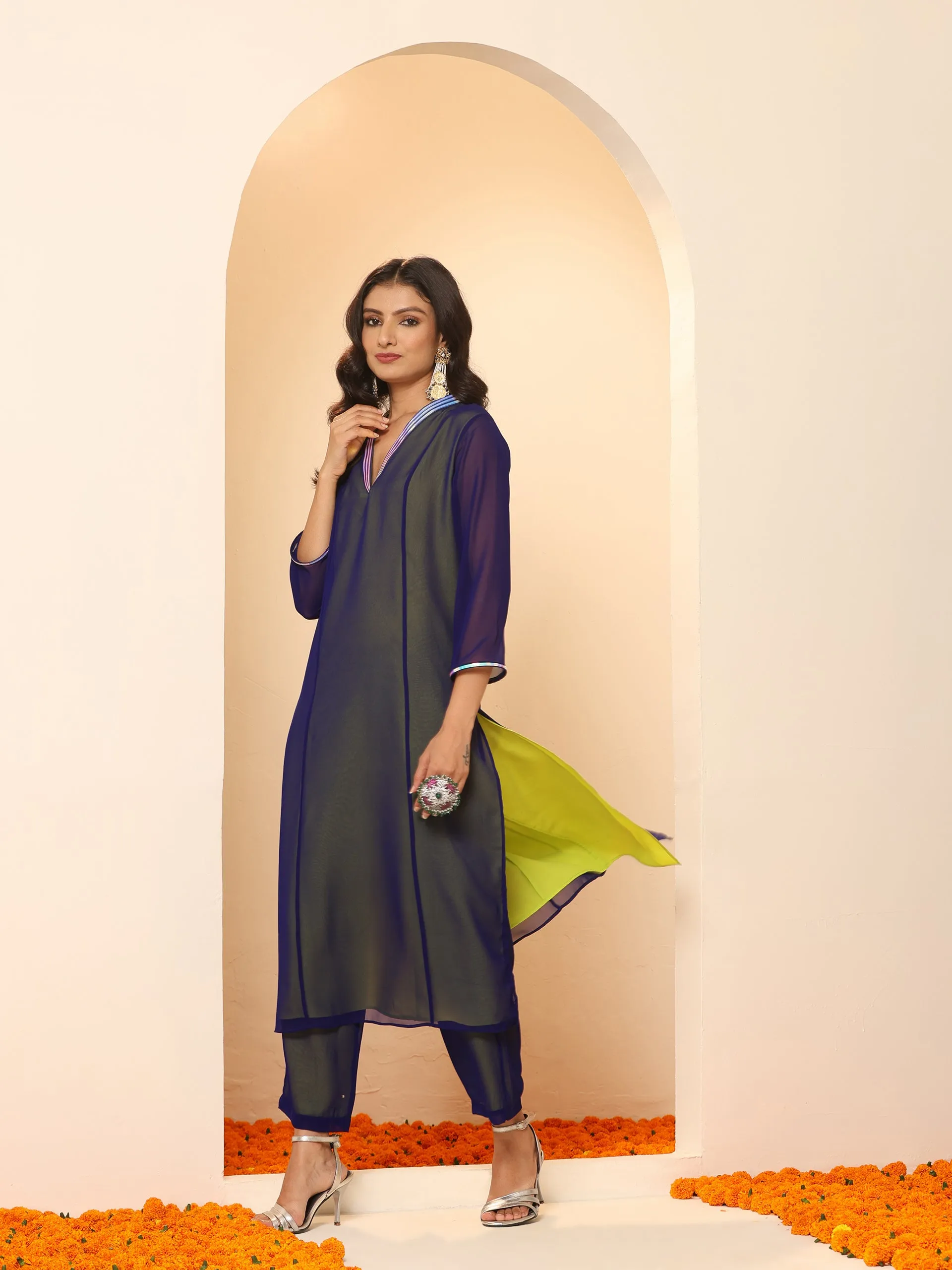 2pcs. Set | Purple & Green Surprise Georgette Kurta with Pants