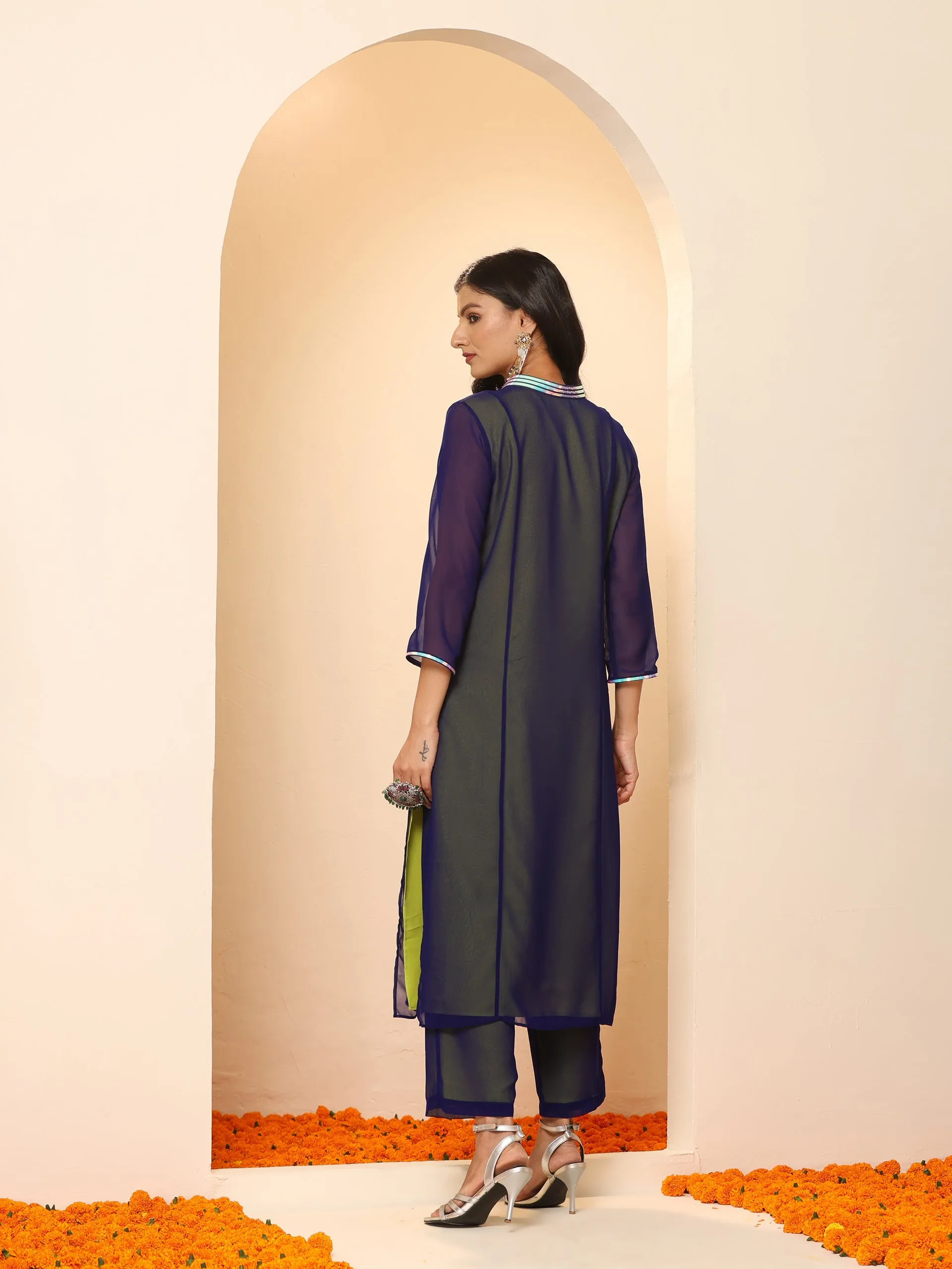2pcs. Set | Purple & Green Surprise Georgette Kurta with Pants