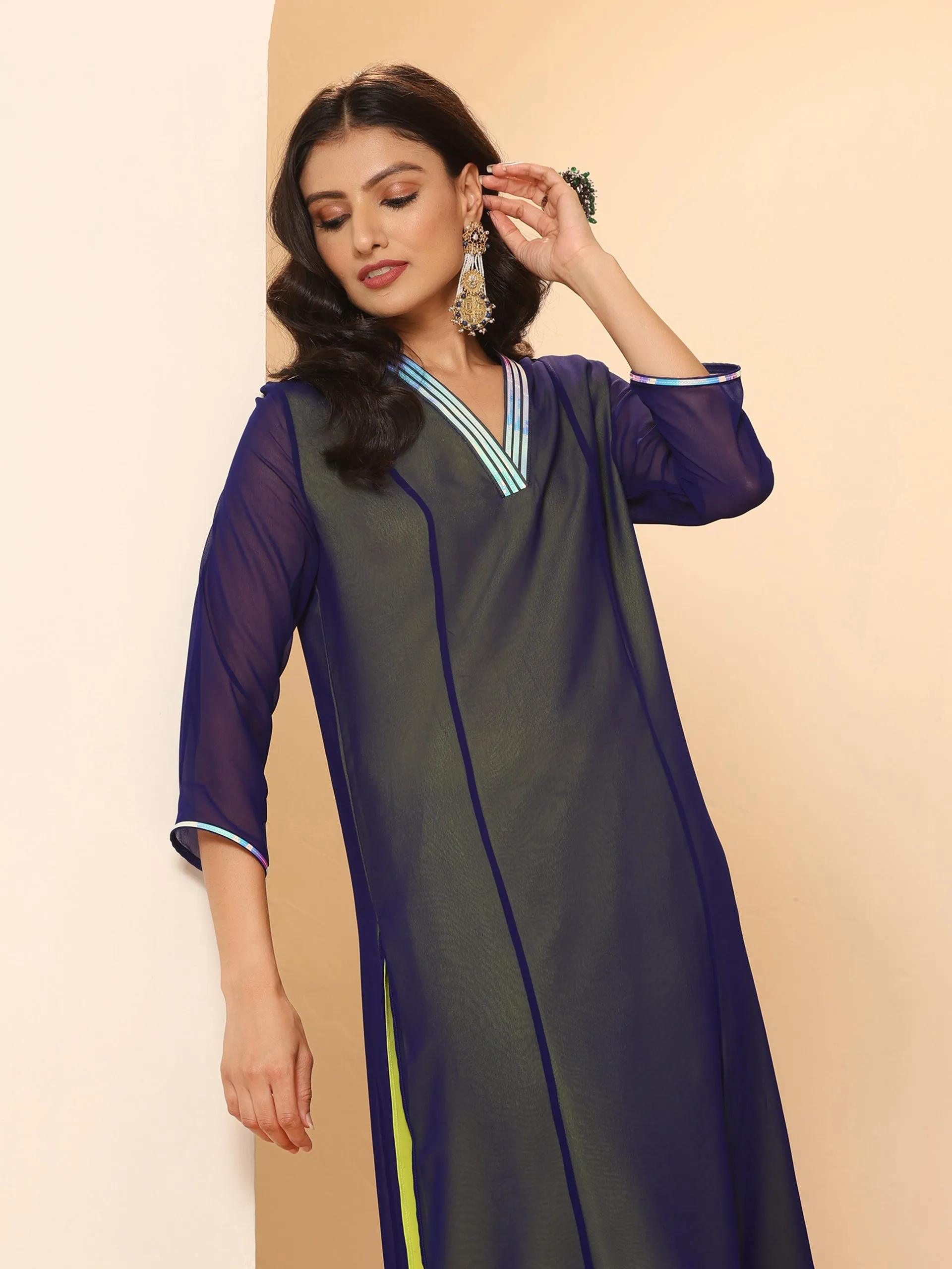2pcs. Set | Purple & Green Surprise Georgette Kurta with Pants