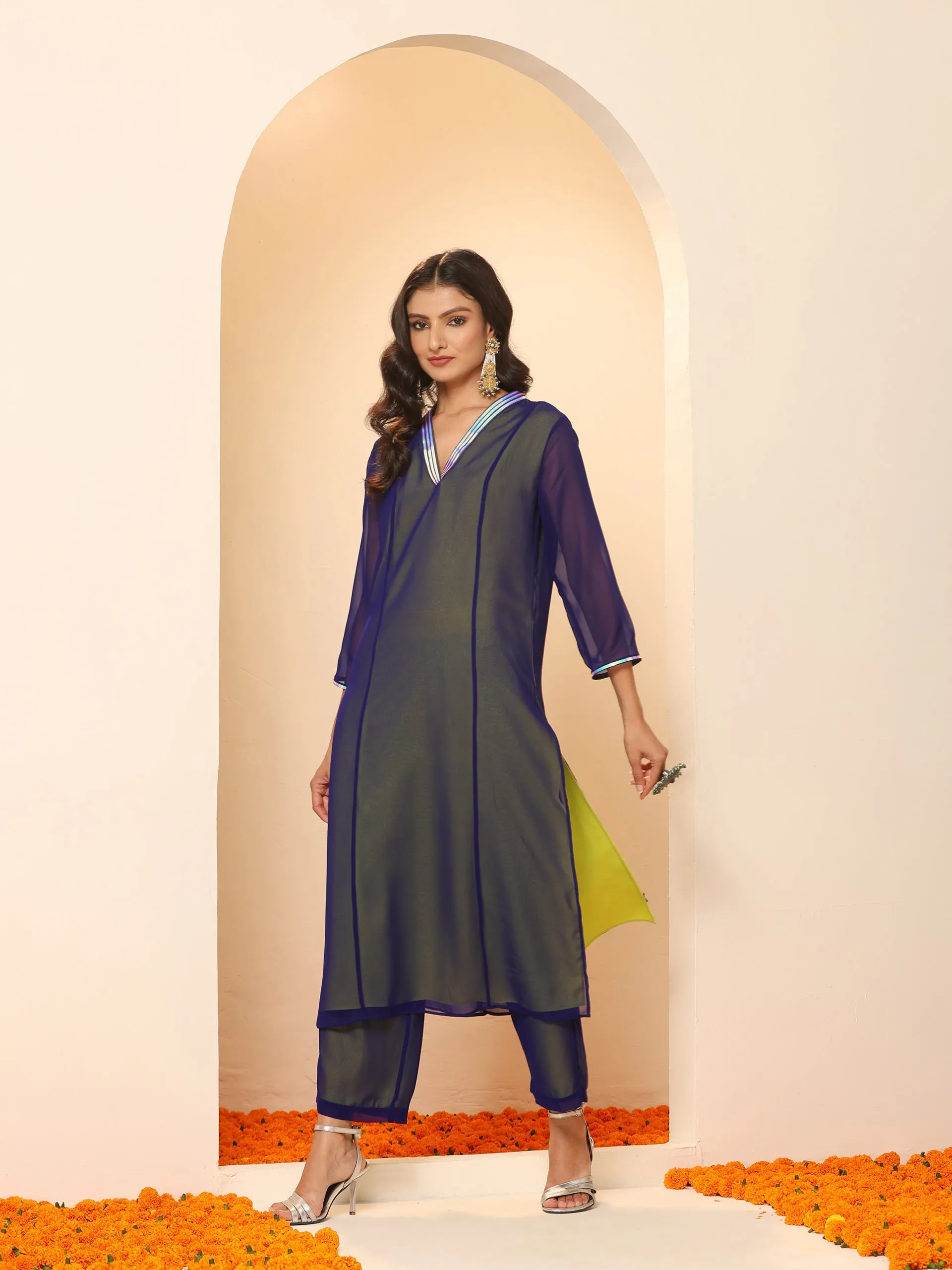 2pcs. Set | Purple & Green Surprise Georgette Kurta with Pants