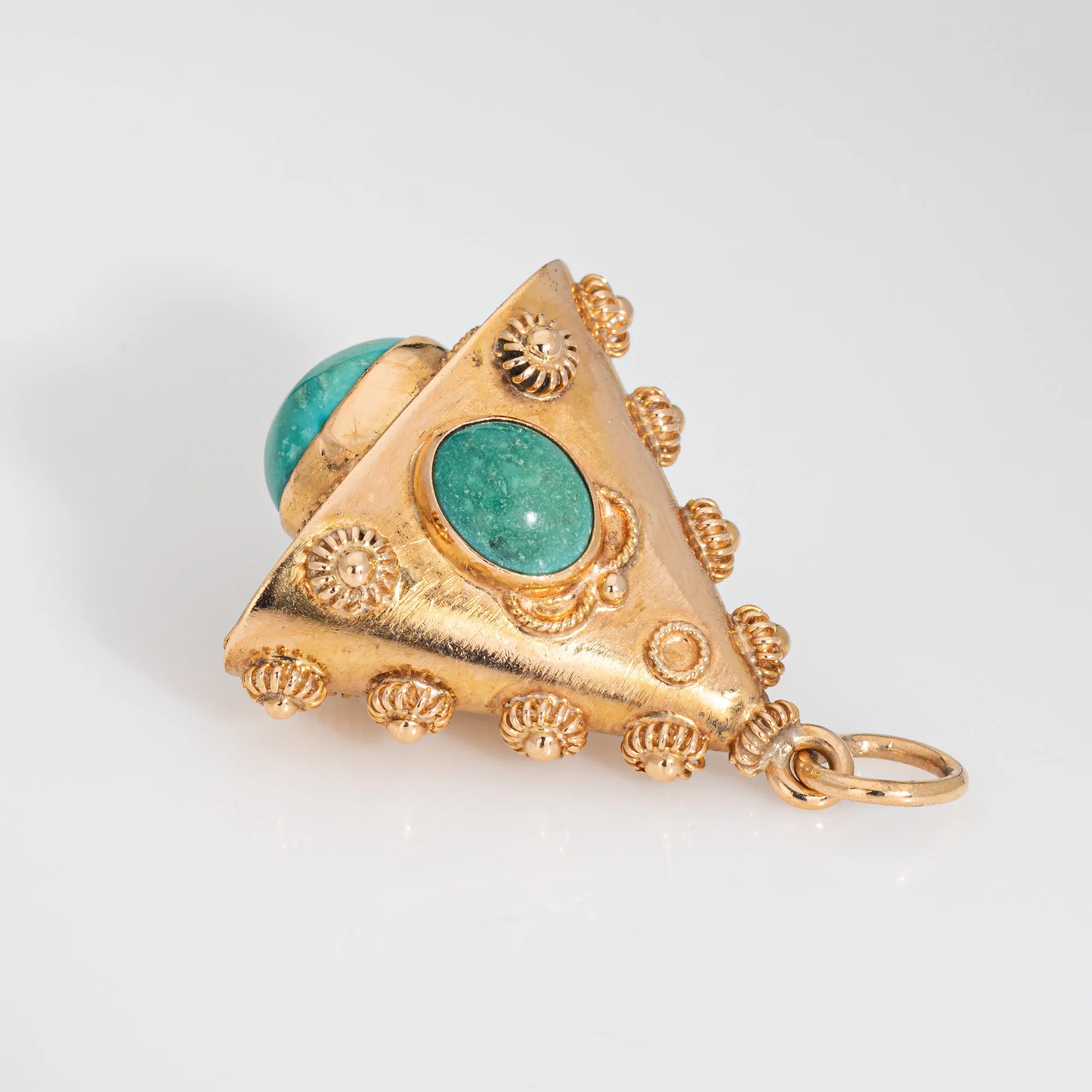 60s Turquoise Charm Vintage Etruscan Revival 18k Yellow Gold Triangle Pendant
