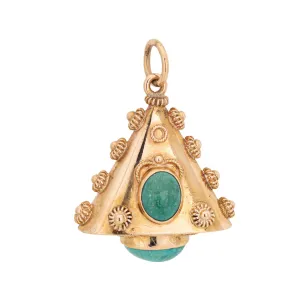 60s Turquoise Charm Vintage Etruscan Revival 18k Yellow Gold Triangle Pendant