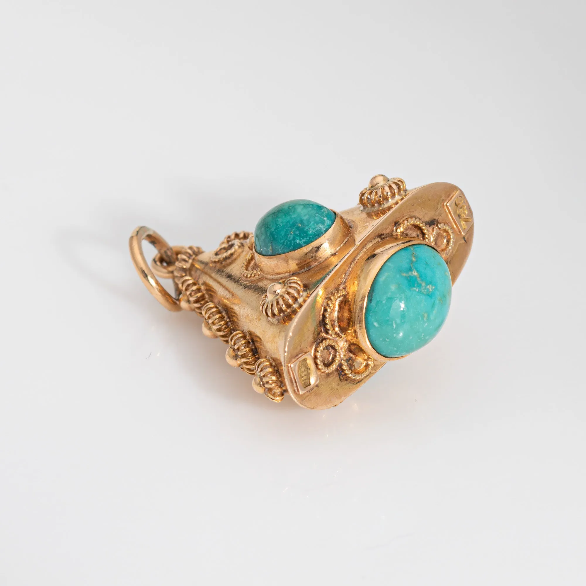 60s Turquoise Charm Vintage Etruscan Revival 18k Yellow Gold Triangle Pendant