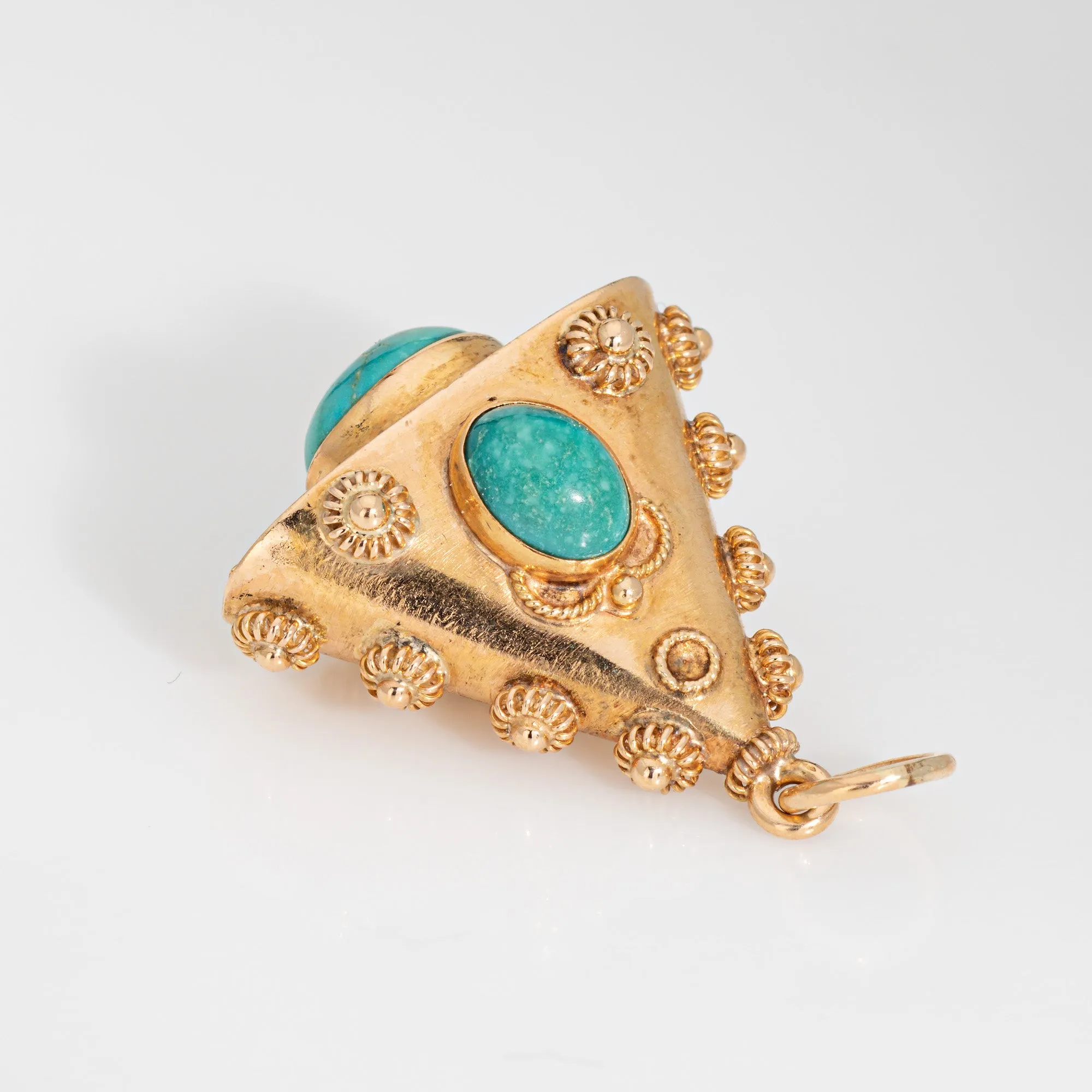 60s Turquoise Charm Vintage Etruscan Revival 18k Yellow Gold Triangle Pendant