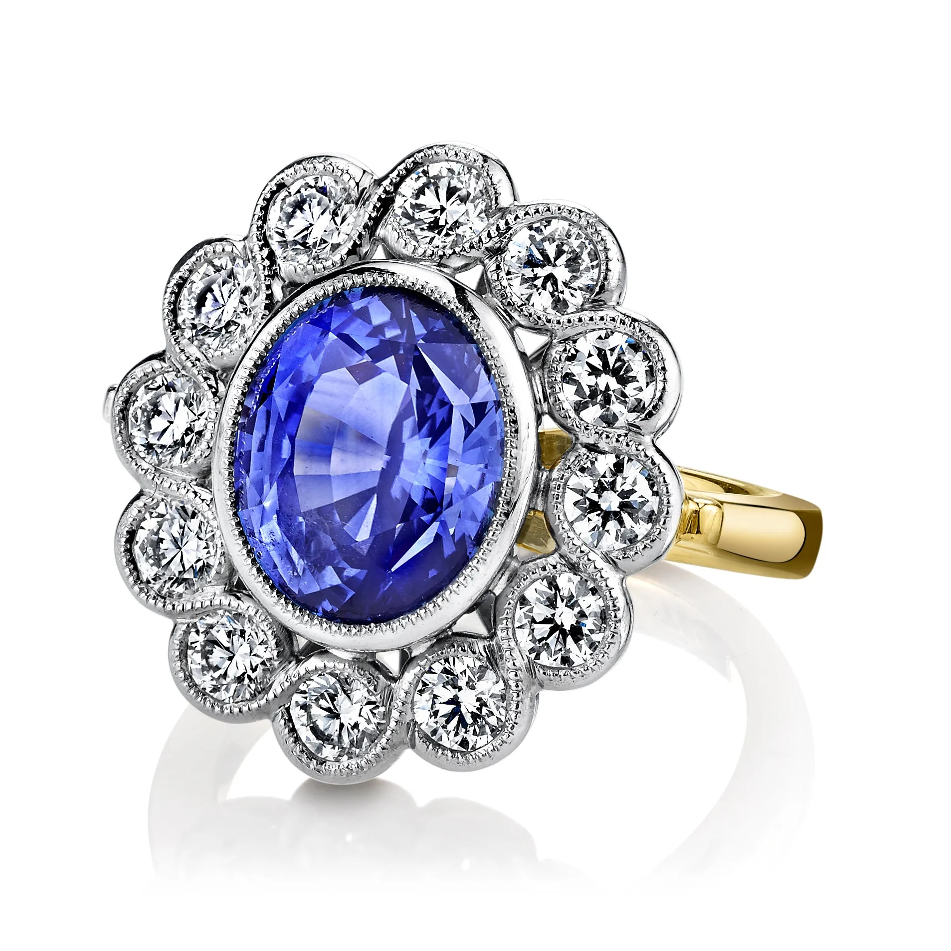 6.67 Carat Cornflower Blue Sapphire and Diamond Cocktail Ring in Yellow and White Gold