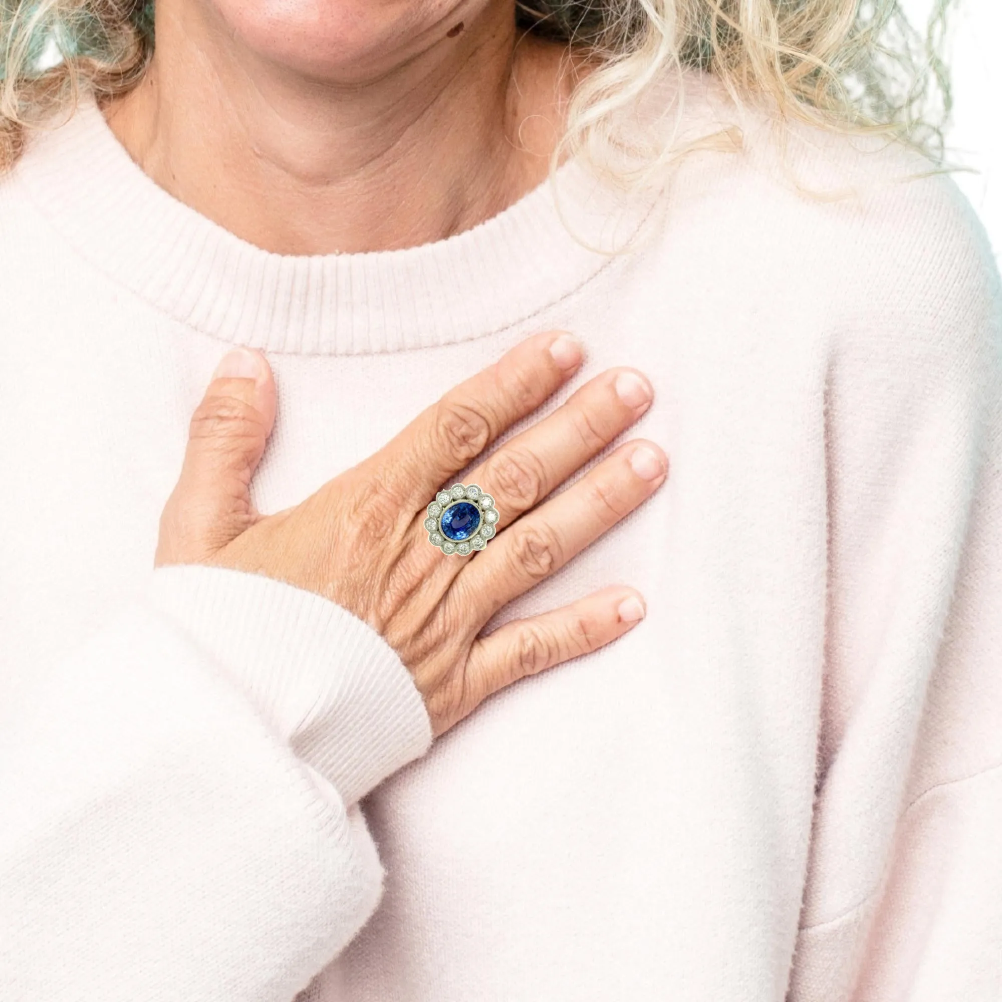 6.67 Carat Cornflower Blue Sapphire and Diamond Cocktail Ring in Yellow and White Gold