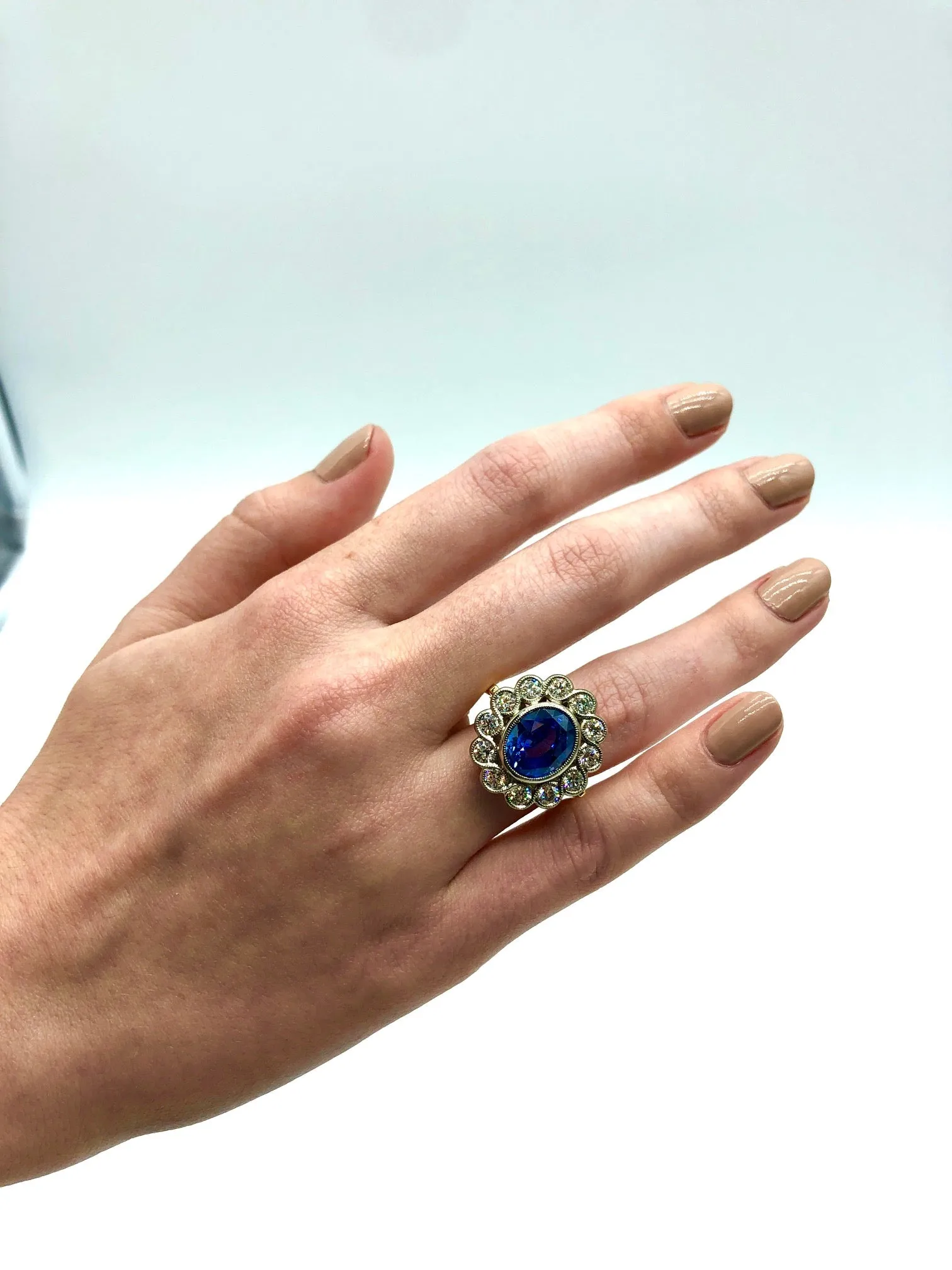 6.67 Carat Cornflower Blue Sapphire and Diamond Cocktail Ring in Yellow and White Gold